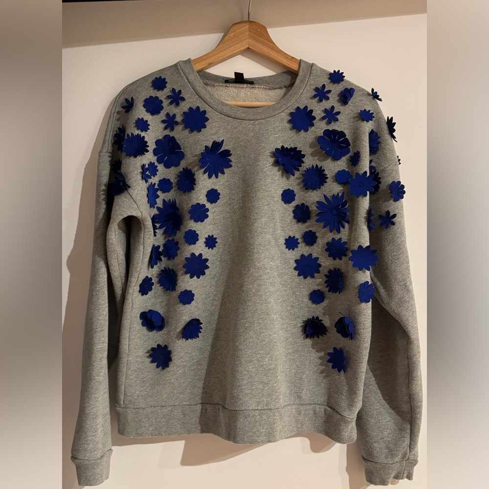 J. Crew Gray Sweater with Blue Floral Embellishments